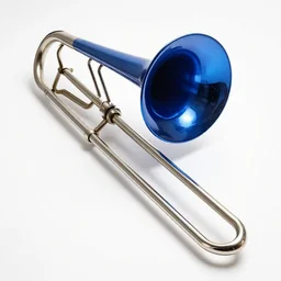 sapphire blue trombone, high detail macro photography, isolated on a pure white background, centered, entire object in frame, sharp focus, soft studio lighting
