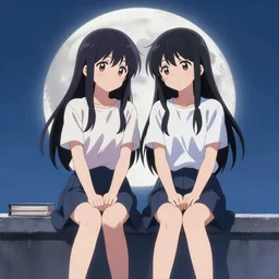 two anime girls sitting on a ledge in front of a full moon, an album cover by jin homura, featured on pixiv, gothic art, official art, anime, 2 d game art
