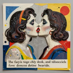 two horrifying women kissing at a carnival, mixed media collage, retro, paper collage, magazine collage, acrylic paint splatters, bauhaus, abstract claymation, layered paper art, sapphic visual poetry expressing the utmost of desires by jackson pollock