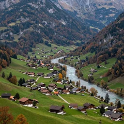 beautiful valley with a river and villages between mountains, during autumn in austria, ultra realistic!!!, photograph, high detail, realistic colors, matte, wide angle, overview