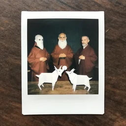 breton monks like rasputin and a goat, paper origami, polaroid