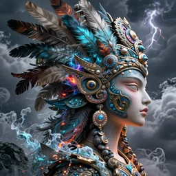 3 d goddess profile portrait. beautiful intricate highly detailed quetzalcoatl mask and feathers. ahuizotl, atotolin, bioluminescent, plasma, lava, ice, water, wind, creature, thunder clouds, artwork by tooth wu and wlop and beeple and greg rutkowski, 8 k trending on artstation,