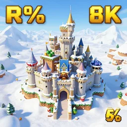 3D Mario 64 castle aerial view, 4k, 80% snow