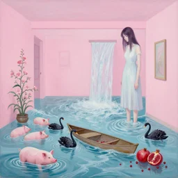 painting of flood waters inside an apartment, pastel pink, tall female emo art student, a river flooding through a wall, tangelos, zen, pigs, ikebana, water, river, rapids, waterfall, black swans, canoe, pomegranate, berries dripping, acrylic on canvas, surrealist, by magritte and monet
