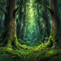 beautiful ancient forest, matte painting, beautifully painted, beautiful lighting, enchanted forest, jeremy lipking, studio ghibli, princess mononoke, 8 k, rays of light, amazing detail, princess mononoke background paintings, hayao miyazaki, kazuo oga, enchanted lighting, high contrast, rule of thirds, bright green moss, japanese woodblock prints, kawase hasui