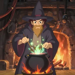 a wholesome animation key shot of wizard with a hat coocking the magical brew that emmits sparklings in pot at fireplace, medium shot, waist up, studio ghibli, pixar and disney animation, sharp, rendered in unreal engine 5, anime key art by greg rutkowski, bloom, dramatic lighting