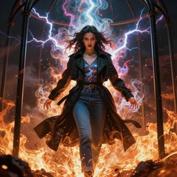 a goddess of destruction dressed in a black trench coat, and jeans, angry, divine, glowing, prismatic, vapor, smoke, plasma, lightning, fire, inferno, explosion, tornado, cage, in a symbolic and meaningful style