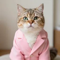 a furry male cat in a pink suit