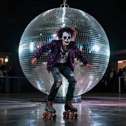 rollerskater disco zombie in fron of a giant disco ball in san francisco