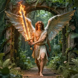 an awe inspiring photo of a biblically accurate cherub, holding a giant, rotatingz flaming sword, guarding the entrance to garden of eden.