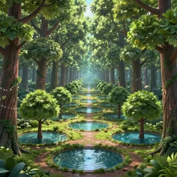 immaculate forest with trees spaced at equidistant intervals between circular pools of water on the ground, with light flitering through the trees by pixar, fairytale, magic realism, dynamic camera angle, deep 3 point perspective.