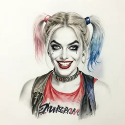 a pencil drawing of margot robbie as harley quinn, hyper realistic, highly detailed