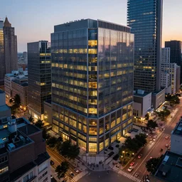 evening light, city, buildings business, big transparent windows, street scene,, by greg rutkowski, top view