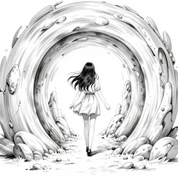 A girl open a portal to a fantasy world, manga sketch
