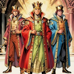 hyper detailed comic illustration of three princes wearing flowing royal robes, colors popping
