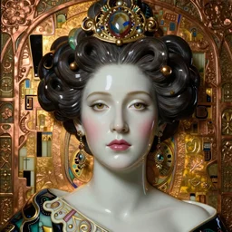 face centered portrait, artwork by james jean, hyperdetailed realistic smooth polished porcelain, beautiful mexican queen, jean delville, art nouveau, gustav klimt, ornate copper patina gothic icon, james jean, ultrasharp hyperdetailed photorealistic octane render