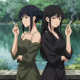 two beautiful lesbian girls in love, smoking a hemp cigarette in front of a lake, in the style of anime, pixiv, intricate, elegant, highly detailed, lush, stylized, japanese, smooth