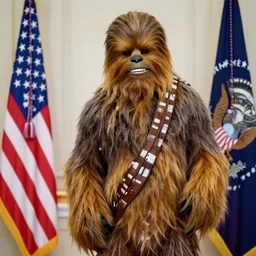 high quality photo of chewbacca meeting the president of the united states of america , realism, 8k, award winning photo