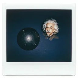 albert einstein black hole with albert einstein floating in space, polaroid