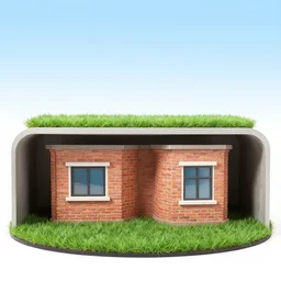 photo of a brick house inside an underground bunker, fake grass, fake sky, fake windows