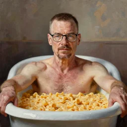 portrait of walter white sitting in a bathtub full of mac and cheese, an oil painting by ross tran and thomas kincade