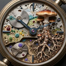 detailed view from inside a clockwork watch japanese landscape, entangled roots covered in mushrooms, cracked earth, living spore microorganisms, decaying, rusty, hyper realistic photo, full colour, upscale, 8 k