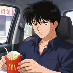 very serious busy ryosuke takahashi with black hair wearing a dark blue shirt in a car getting food at mcdonald's drive - through, initial d anime screenshot, initial d anime 1 0 8 0 p, detailed anime face, 1 9 9 8's anime, high detail, 9 0 s anime aesthetic