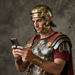 photo of a Roman soldier checking his smartphone