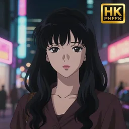 a portrait of a beautiful girl with long black hair and bangs, wearing 1940's fashion, she has dark brown eyes and pale skin, she is facing towards the camera, city at nightime background, low-key neon lighting, 4k, HQ, official media, anime key visual, makoto shinkai, ilya kuvshinov, lois van baarle, rossdraws, detailed, trending on artstation