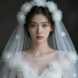 hight focus f - 2 2, 8 5 mm, iso 1 0 0 : a wonderful realistic focused face portrait of a lonely sweet woman with a detailed wonderful symmetrical face who is dressed with a wonderful, majestic, large semi transparent white cotton dress ornate with semi transparent cotton roses and semi transparent white veils, dramatic light, octane render, roberto ferri style, - 8 k