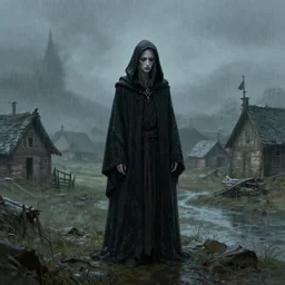a wandering, pale, sad wizard, dressed in a black traveling cloak. The background is a poor village in the rain, fantasy concept art by Claudio Tumiati, trending on Artstation.