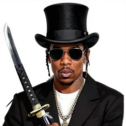 portrait of travis scott with sunglasses and a top hat holding a katana, thick lines