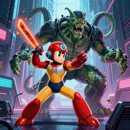 photorealistic megaman fighting cthulhu in cyberpunk future, artstation, unreal engine, deviantart, concept art