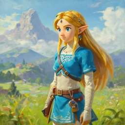 oil painting of zelda breath of the wild, mountain in the background. beautiful, rpg, dnd, artgerm, disney, pixar