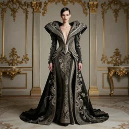 beautiful avant garde fashion look and clothes, highly detailed and intricate, ornate, luxury, elite, cinematic, designer fashion, Yohji Yamamoto, shot by Tim Walker in a studio with detailed rococo style set design, full body portrait