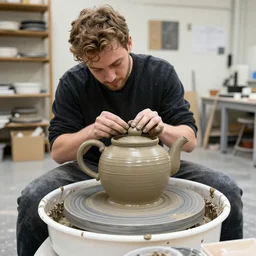 johnny vegas making a very very big teapot out of wet clay, on a pottery wheel, art school, artist, studio, performance, photorealistic