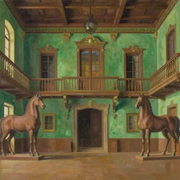 main hall with horse statues, green and brown decorations by studio ghibli painting, by joaquin sorolla rhads leyendecke