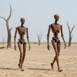 skinny and rusty cyborgs walking a dry land, dead trees around, by karel thole
