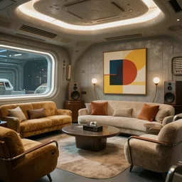 very detailed interior of alien futuristic spaceship with high resolution textures, 1 9 5 0 s midcentury furnishings, hi fi stereo with speakers, bold modern art, space age bachelor pad, raytracing, raymarching, subsurface scattering, still from new scifi movie by lucasfilm, lofi palette, by arthur haas and stefan morrell, weta digital