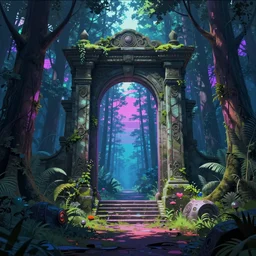 a ancient portal to another dimension in the forest, retrowave art, vaporwave, trending on art station