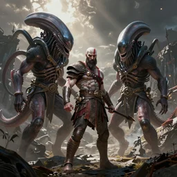 concept art kratos vs aliens, wide shot