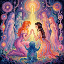 a psychedelic realm where astral beings share love ; greg rutkowski ; wlop ; lisa frank ; bob ross ; ruan jia ; illustration