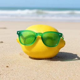 a lemon with green glasses in the beach, google parti