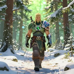 skyrim screenshot of torbjorn ( overwatch ) walking through a snowy pine forest. sun - lit surroundings, cheerful bright green atmosphere. 8 k octane render, enb, bokeh, ambient occlusion, realistic lighting, 4 k textures, enhanced fx.
