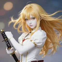 renaissance art elf girl with white skin, katana in hand, golden hair blowing the wind, trending artistic art, soft anime, dynamic photography, fate zero, realistic face, extremely high detailed, bokeh color background, studio ghibly makoto shinkai yuji yamaguchi, wlop