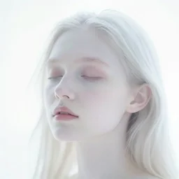 overexposed, out of focus photorealistic portrait of a beautiful aesthetic pale woman by saul leiter, backlit, against a bright white light, very blurry, translucent white skin, closed eyes, bokeh