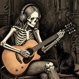 skeleton wearing headphones, watching girl playing guitar while her black cat standing next to her, detailed intricate ink illustration, dark atmosphere, detailed illustration, hd, 4k, digital art, overdetailed art, by greg rutkowski, by loish, complementing colors, Trending on artstation