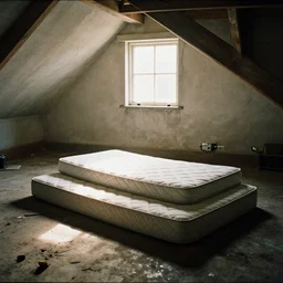 A liminal space photo of an attic with 2 mattresses on top of each other laying on a dirty floor, there's a white window on the backwall of the attic with the sun shining through it, VHS camera, film