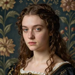 close - up portrait of beautiful androgynous young woman in renaissance dress, background with flowered wallpaper, art by dante gabriel rossetti