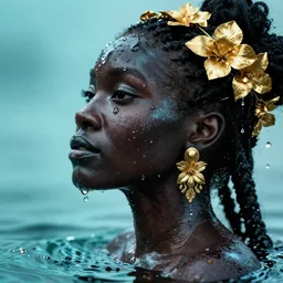 hyperrealistic precisionist cinematic profile very expressive! black oshun goddess, in water! up to shoulders, mirror dripping droplet!, gold flowers, highly detailed face, digital art masterpiece, smooth eric zener cam de leon, dramatic pearlescent turquoise light on one side, shutter priority low angle uhd 8 k, shallow depth of field
